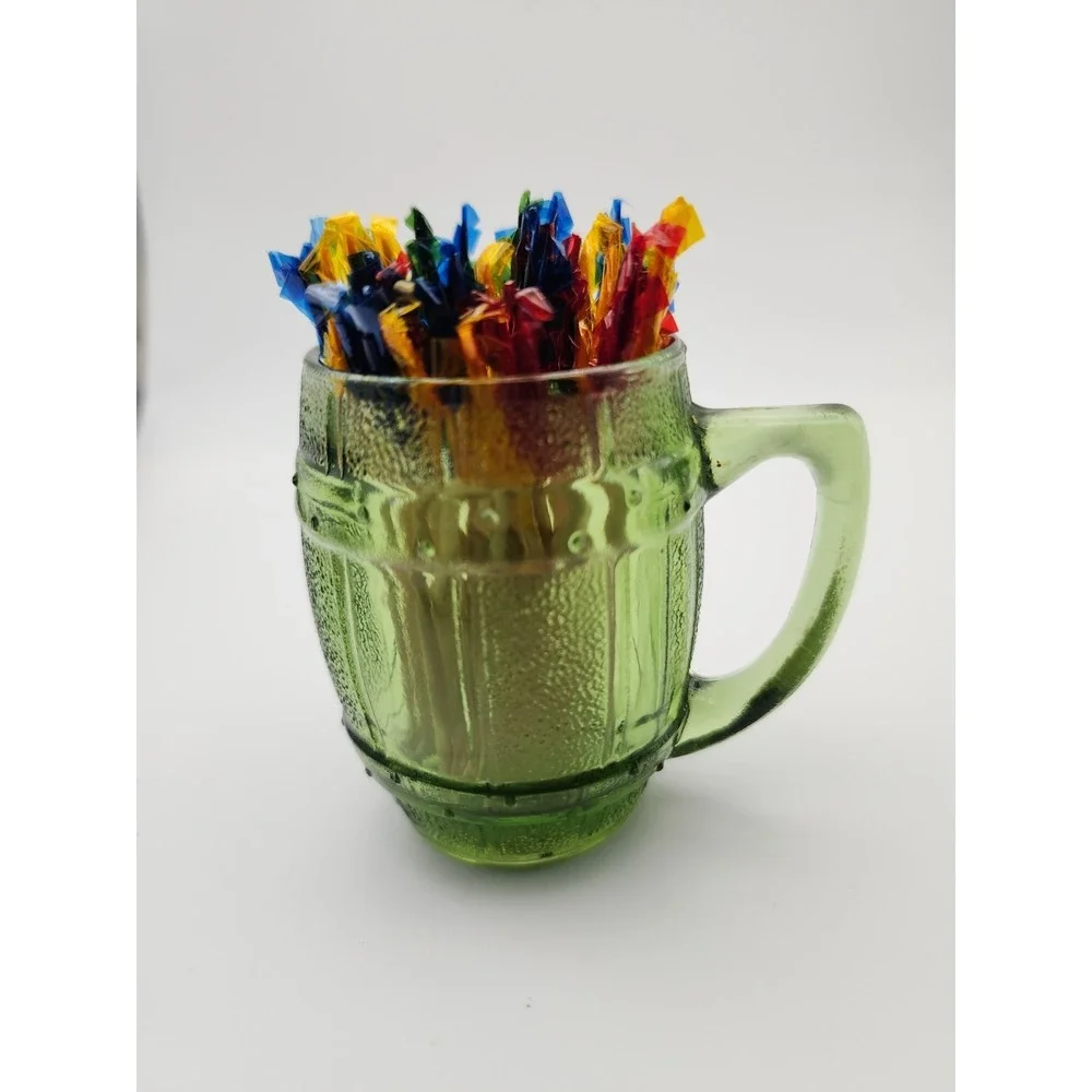 Vintage green glass mini whiskey barrel toothpick holder and shot glass 2.5